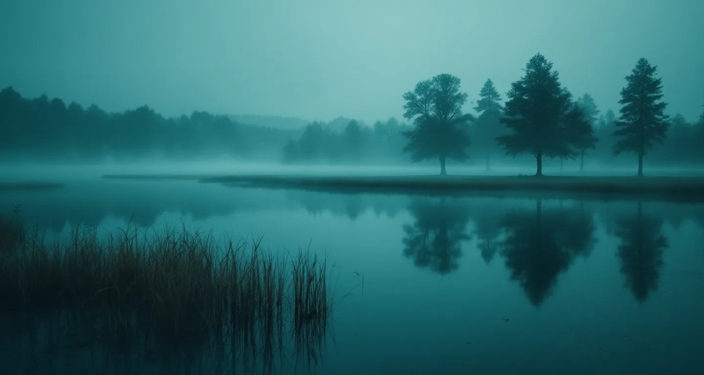 A low view across still water and reeds, with soft morning mist and cool blue-green light.