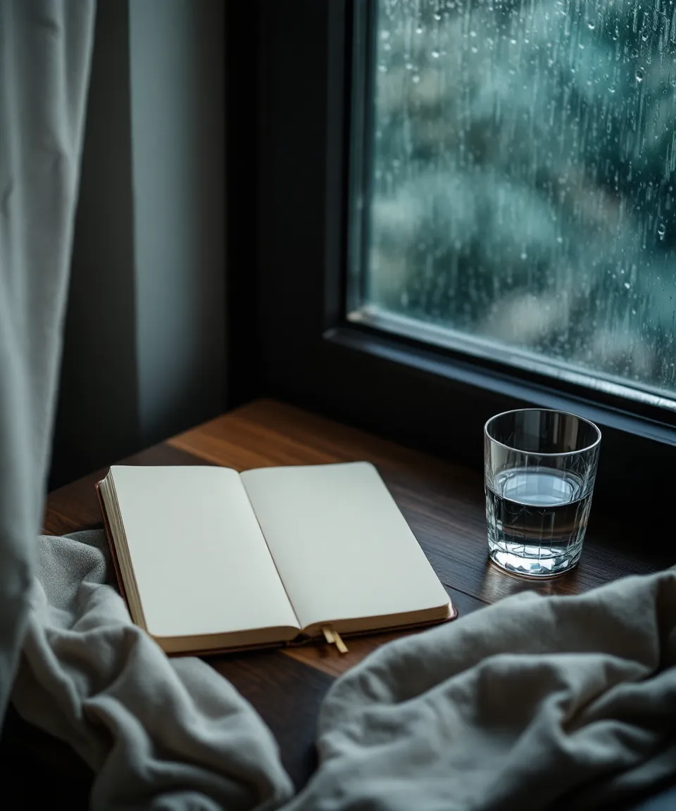 An open blank notebook and a glass of water beside a rain-streaked window, lit by a soft teal reflection.